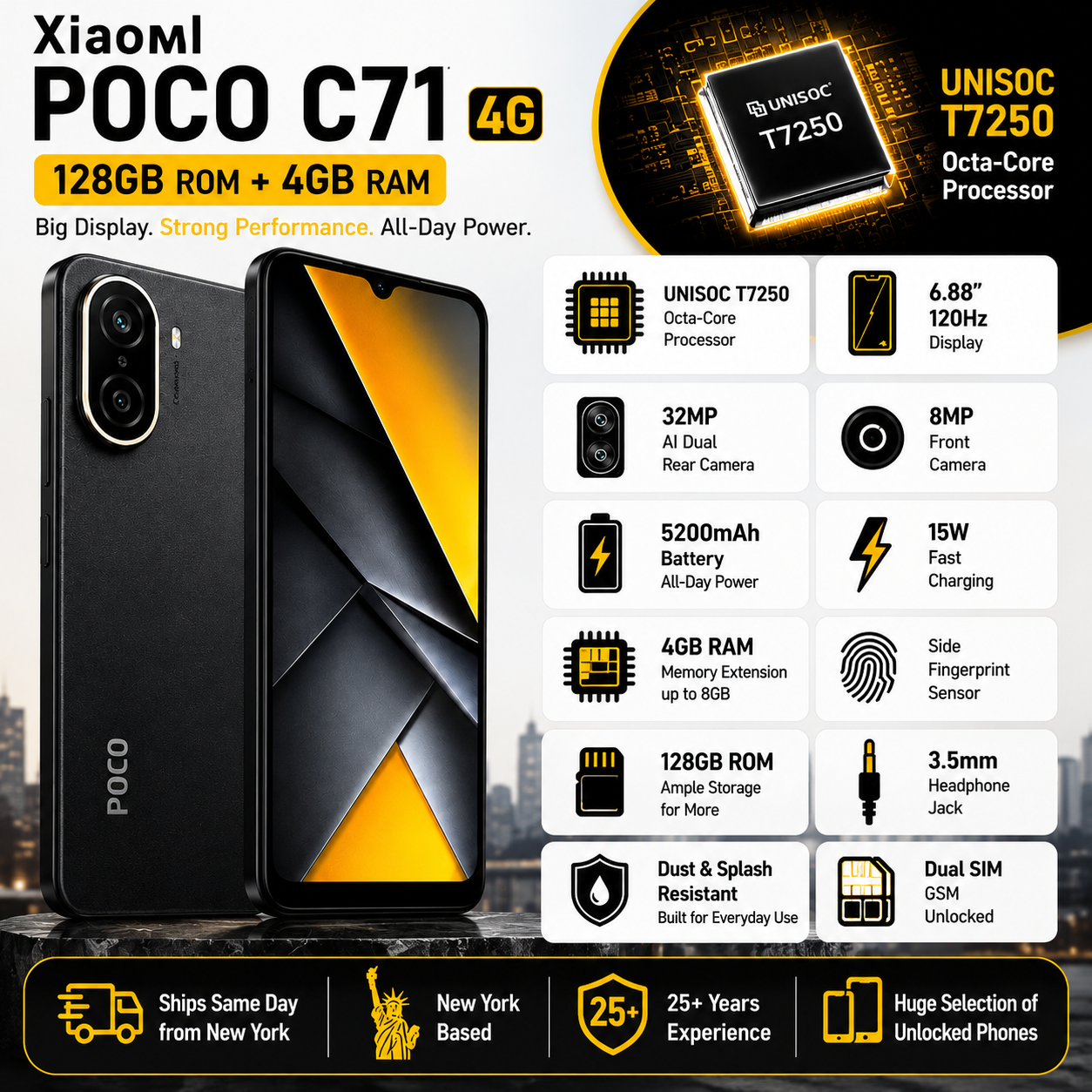Xiaomi Poco C71 4G 128GB ROM 4GB RAM Dual SIM GSM Unlocked - Black